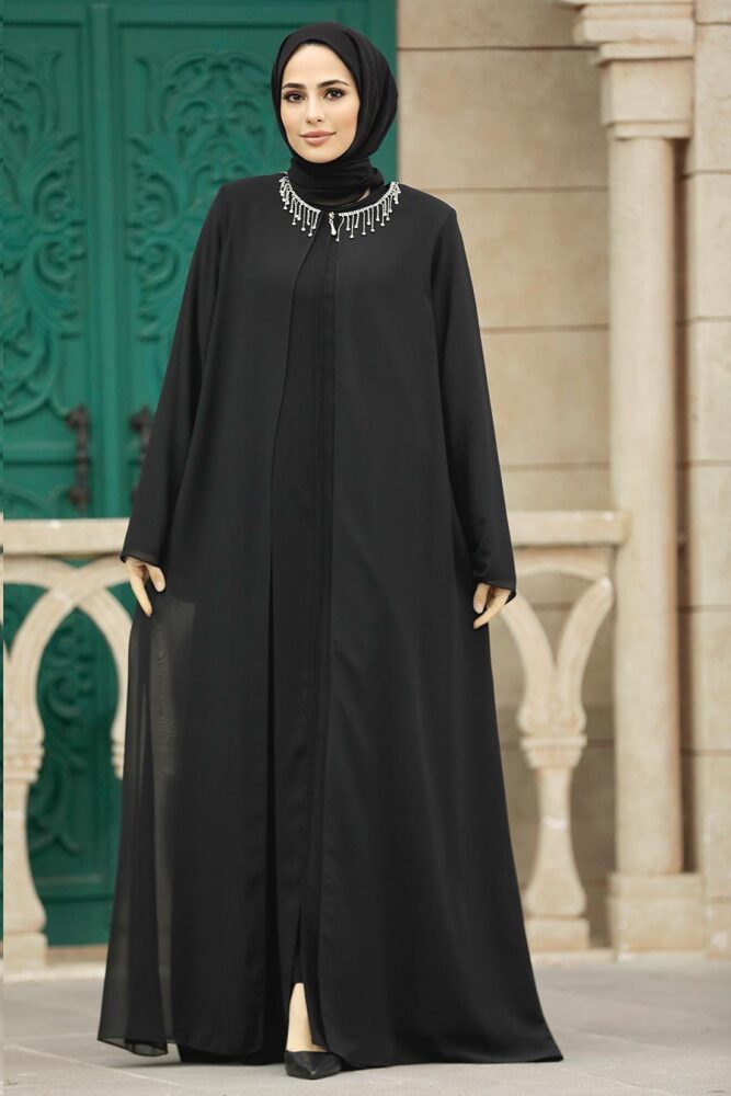 Neva Style - Şifon Detaylı Siyah Tesettür Ferace 34261S - 3