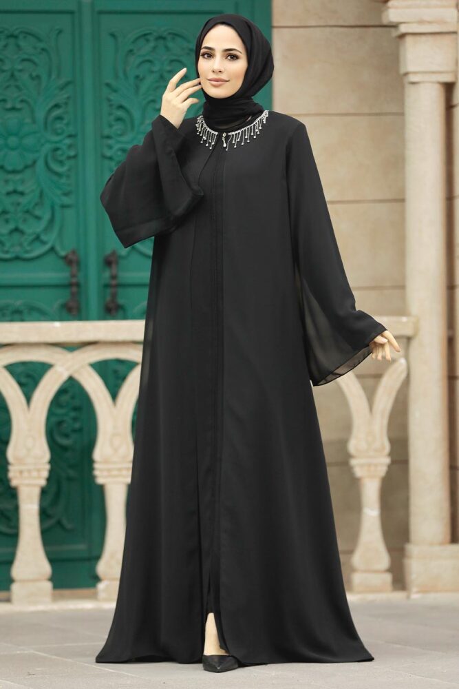Neva Style - Şifon Detaylı Siyah Tesettür Ferace 34261S - 2