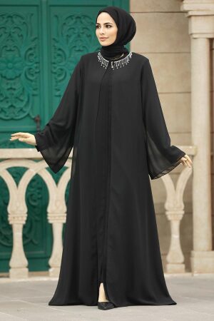 Neva Style - Şifon Detaylı Siyah Tesettür Ferace 34261S - 1