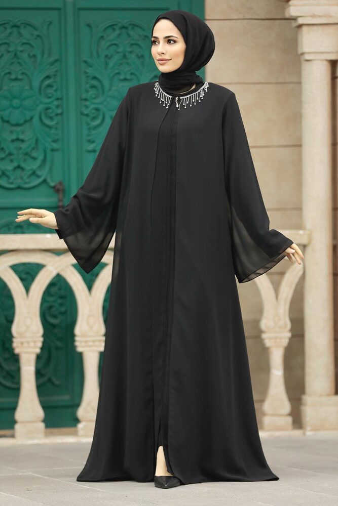 Neva Style - Şifon Detaylı Siyah Tesettür Ferace 34261S - 1