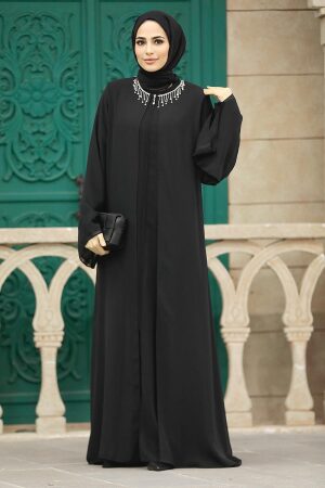 Neva Style - Şifon Detaylı Siyah Tesettür Ferace 34261S - 5