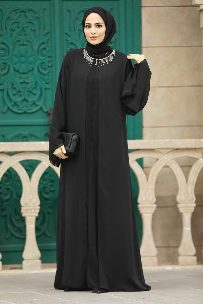 Neva Style - Şifon Detaylı Siyah Tesettür Ferace 34261S - 5