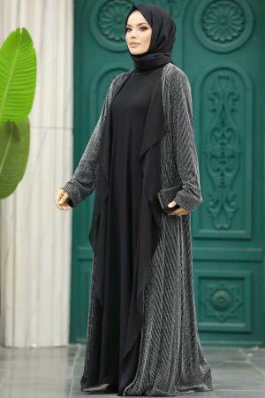 Neva Style - Silver Black Hijab Abaya 10714GMS - Thumbnail