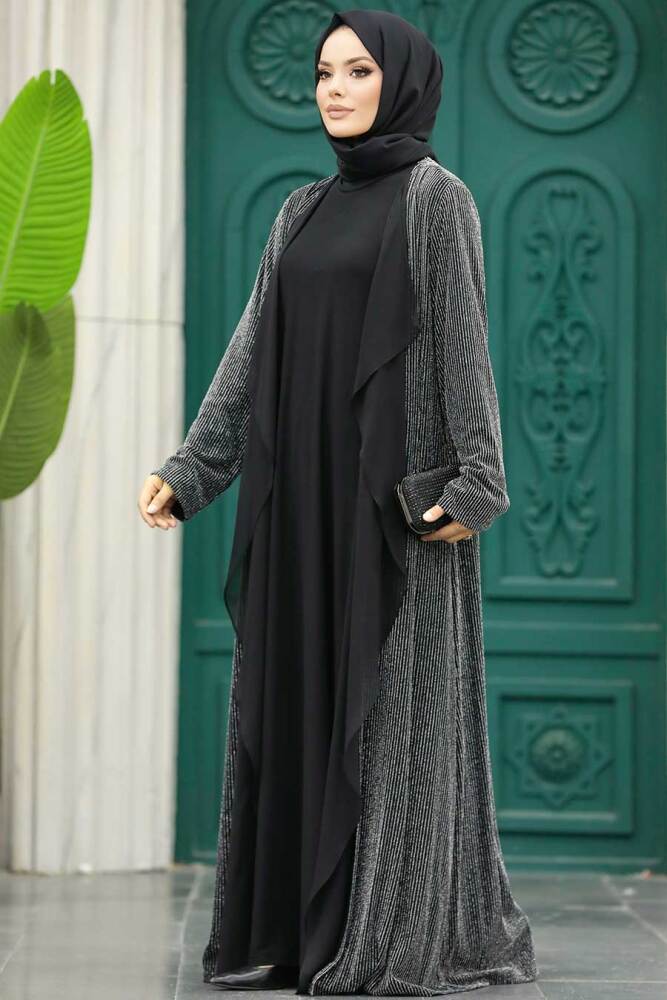 Silver Black Hijab Abaya 10714GMS - 4