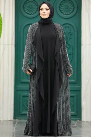 Neva Style - Silver Black Hijab Abaya 10714GMS - Thumbnail