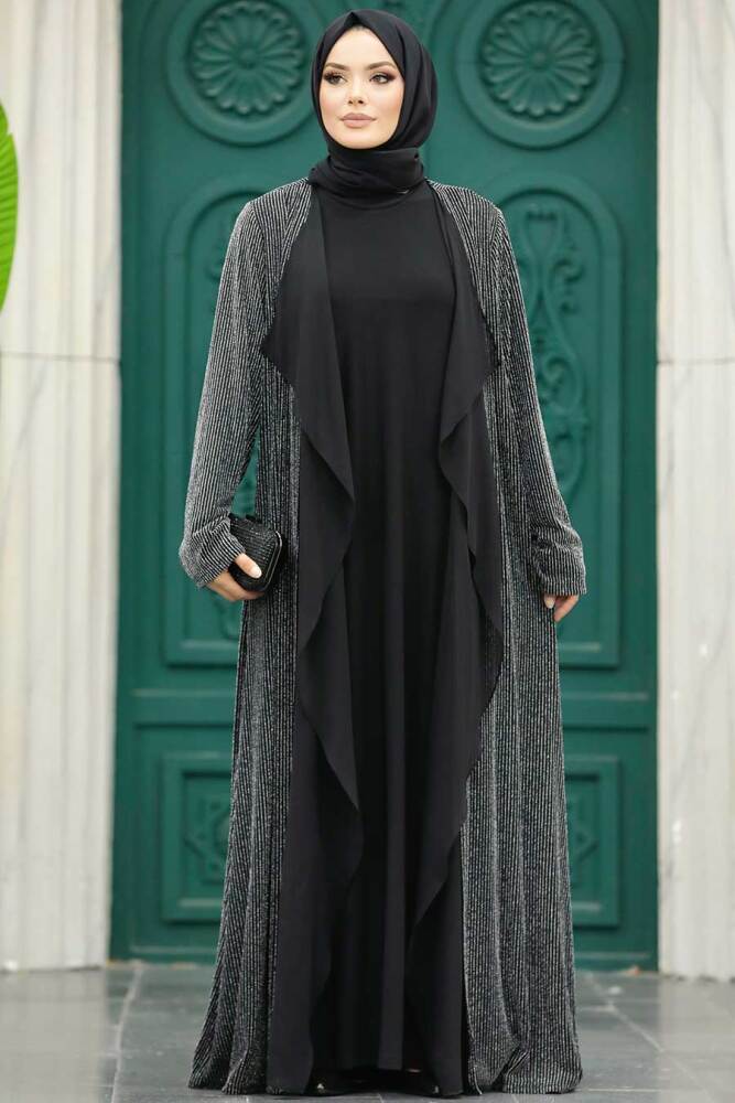 Silver Black Hijab Abaya 10714GMS - 1