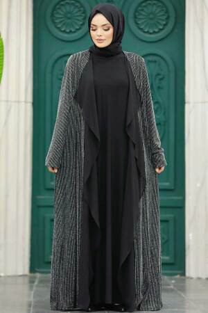 Neva Style - Silver Black Hijab Abaya 10714GMS - Thumbnail