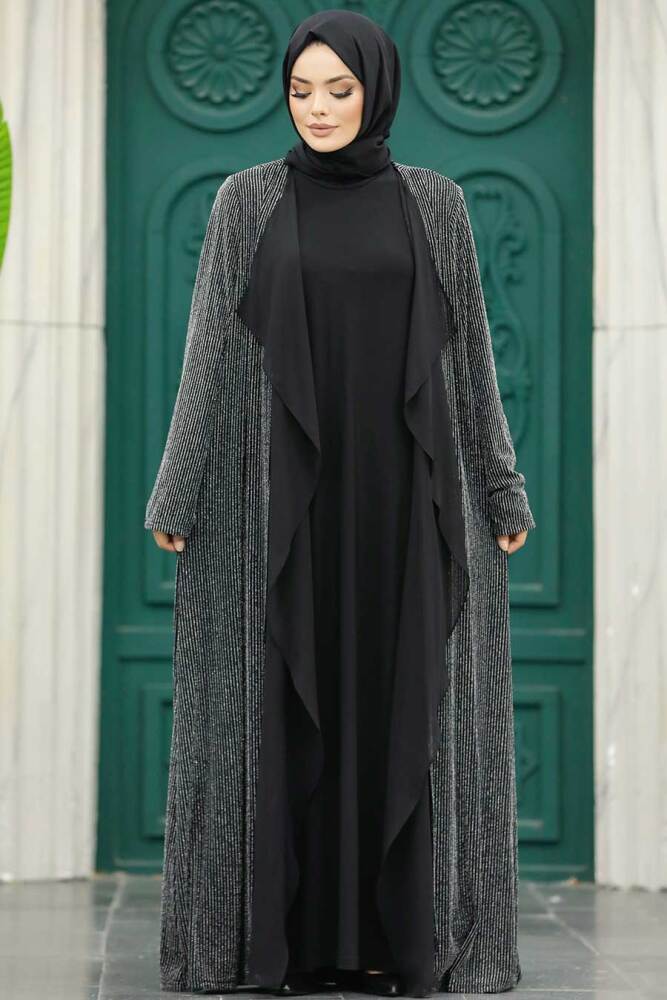 Silver Black Hijab Abaya 10714GMS - 2