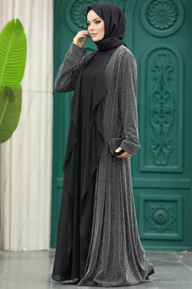 Silver Black Hijab Abaya 10714GMS - 3