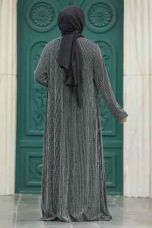 Neva Style - Silver Black Hijab Abaya 10714GMS - Thumbnail