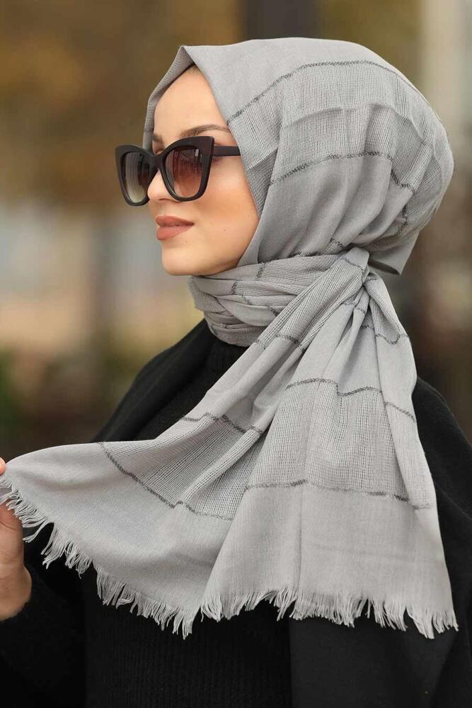 Neva Style - Simli Çizgili Pamuklu Gri Şal 7500GR - 1