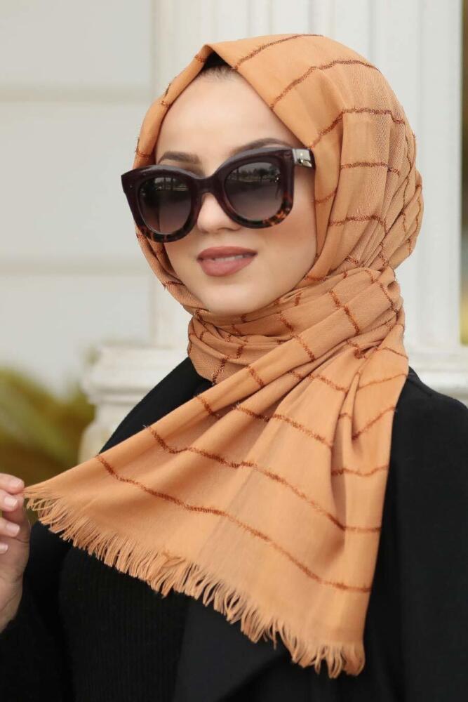 Neva Style - Simli Çizgili Pamuklu Hardal Şal 7498HR - 1