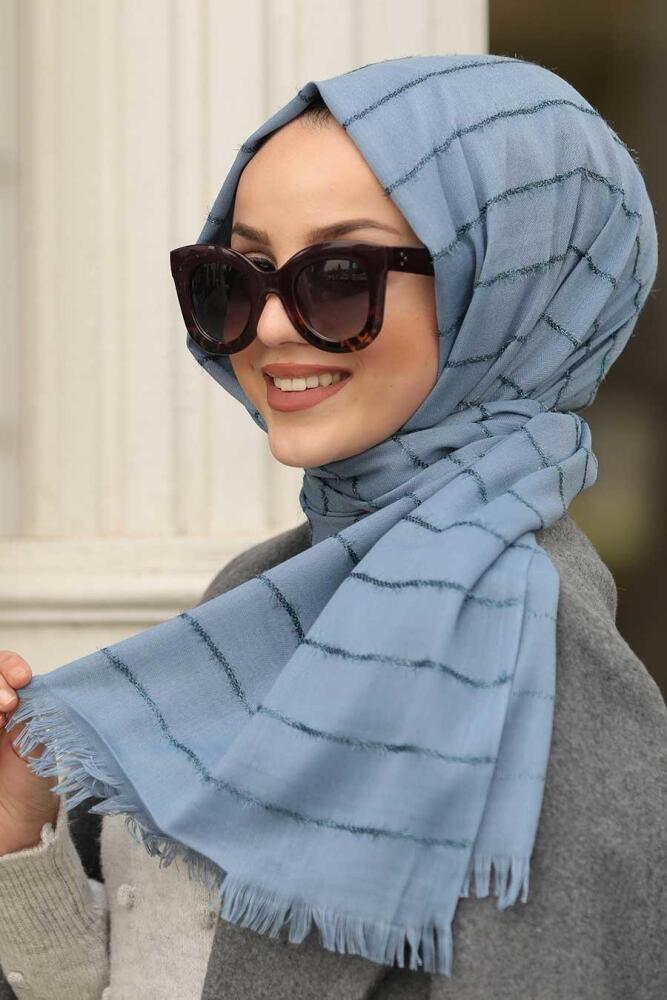 Neva Style - Simli Çizgili Pamuklu Mavi Şal 7498M - 1