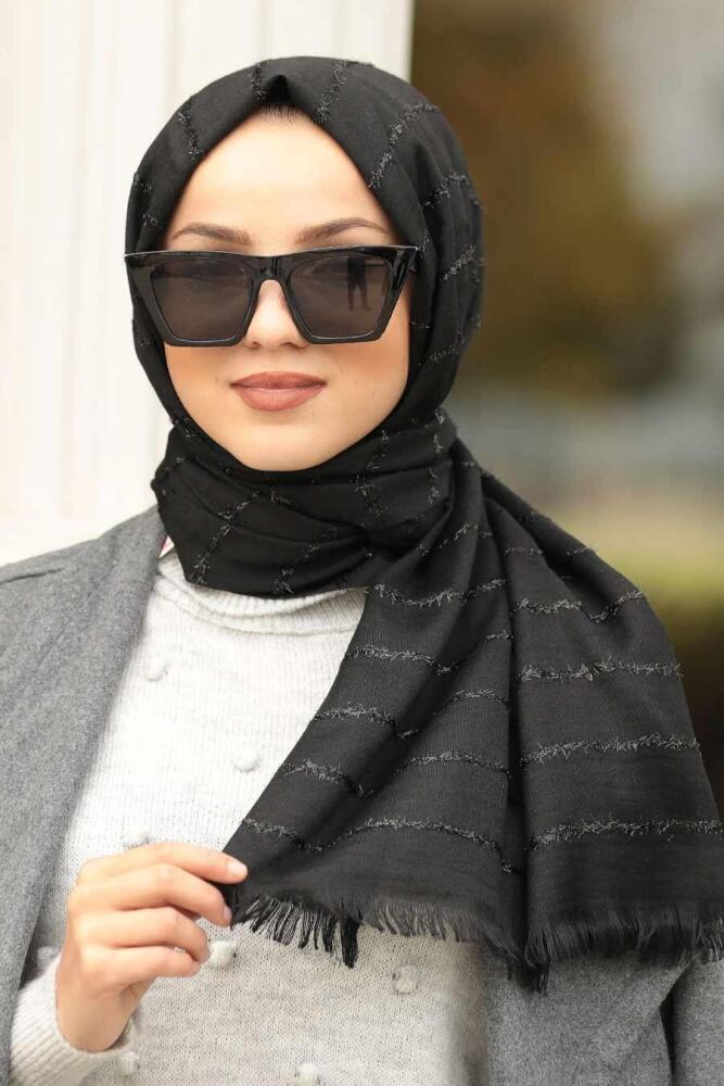 Neva Style - Simli Çizgili Pamuklu Siyah Şal 7498S - 1
