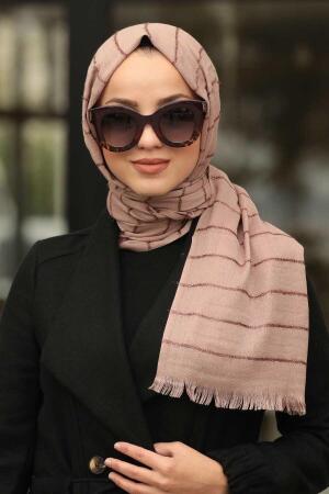 Neva Style - Simli Çizgili Pamuklu Vizon Şal 7498V - 1
