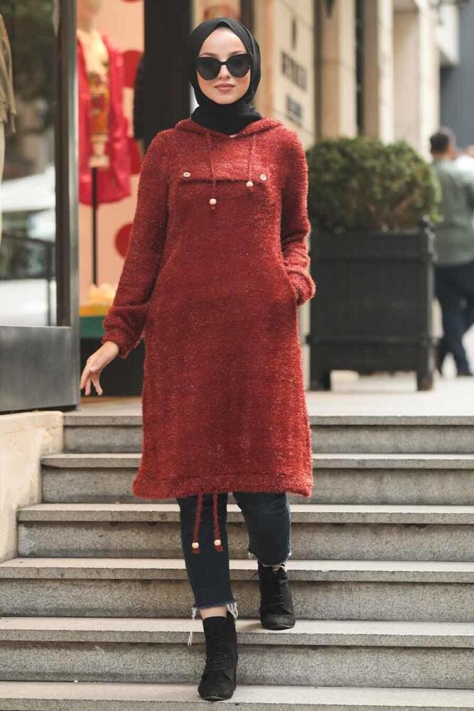 Neva Style - Simli Sakallı Örme Kiremit Tesettür Tunik 5969KRMT - 1
