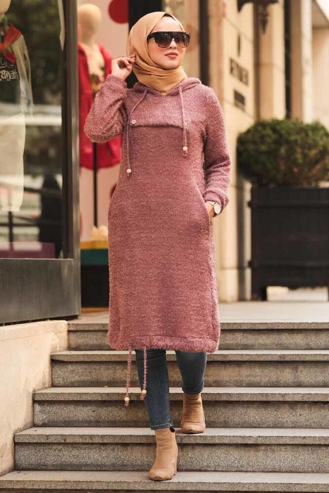 Neva Style - Simli Sakallı Örme Gül Kurusu Tesettür Tunik 5969GK - 1
