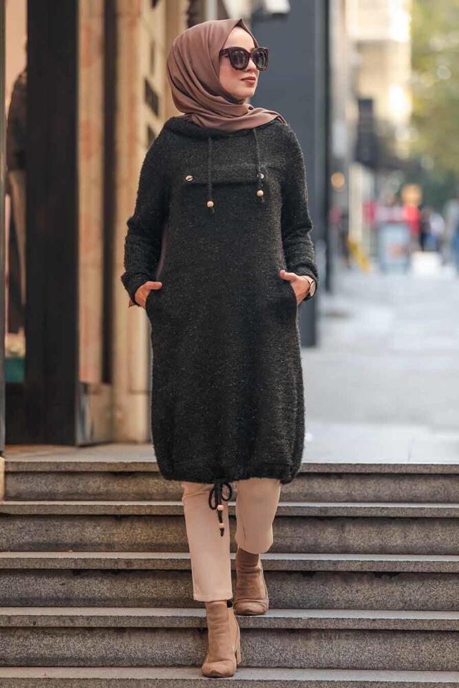Neva Style - Simli Sakallı Örme Haki Tesettür Tunik 5969HK - 1