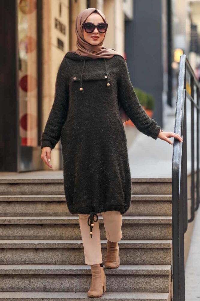 Neva Style - Simli Sakallı Örme Haki Tesettür Tunik 5969HK - 2