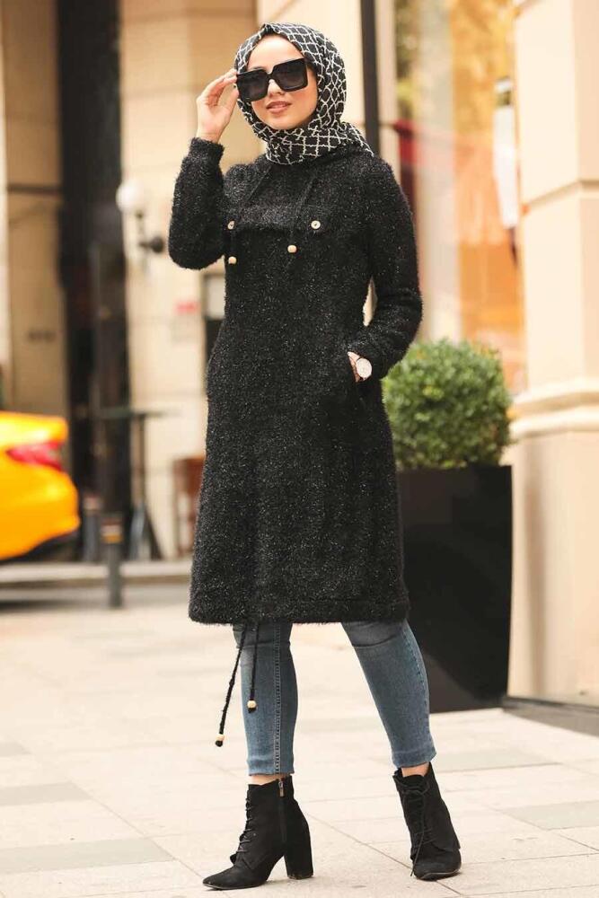 Neva Style - Simli Sakallı Örme Siyah Tesettür Tunik 5969S - 1