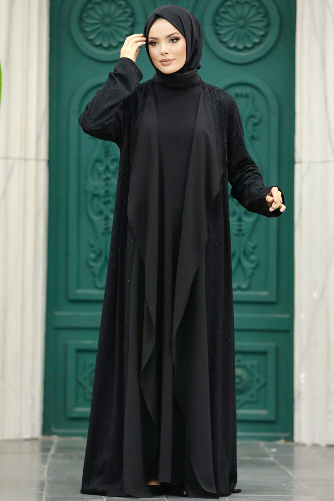 Neva Style - Simli Siyah Tesettür Abaya 10714S - 1