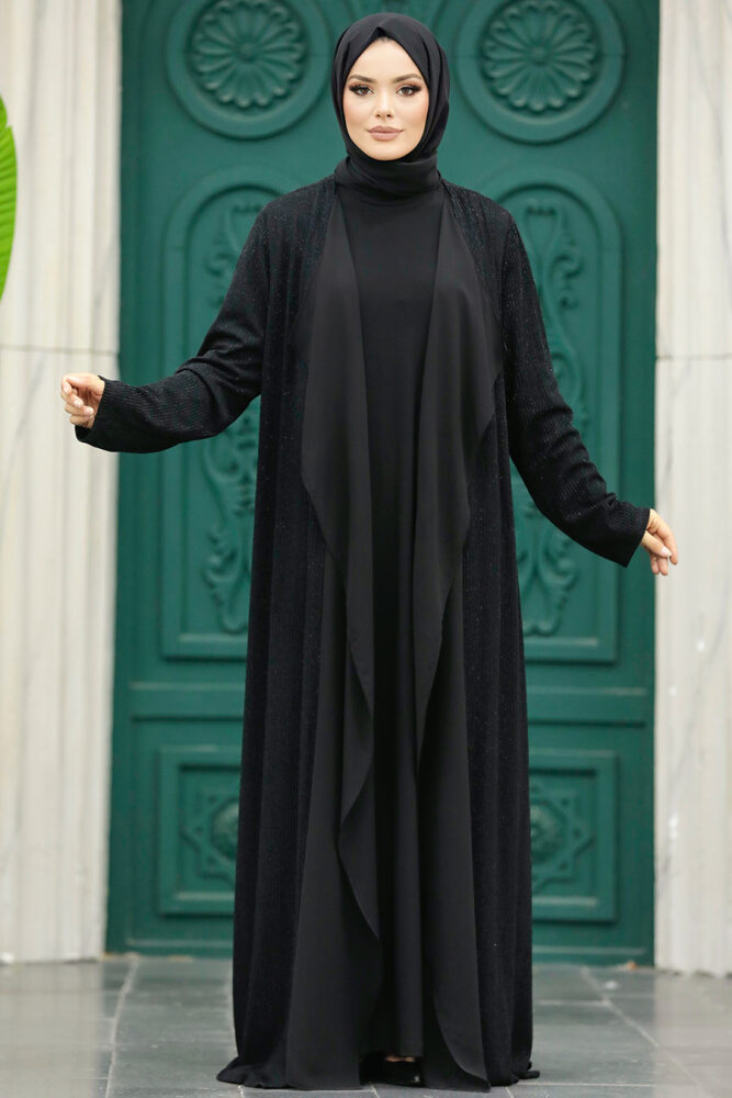 Neva Style - Simli Siyah Tesettür Abaya 10714S - 2