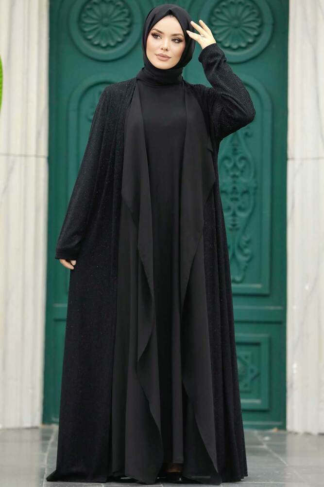Neva Style - Simli Siyah Tesettür Abaya 10714S - 3
