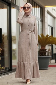 Neva Style - Simli Yakası Düğmeli Bej Tesettür Elbise 12071BEJ - Thumbnail