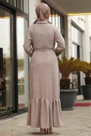 Neva Style - Simli Yakası Düğmeli Bej Tesettür Elbise 12071BEJ - Thumbnail