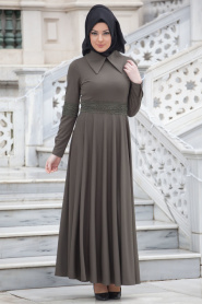 Neva Style - Sivri Yaka Haki Elbise - Thumbnail