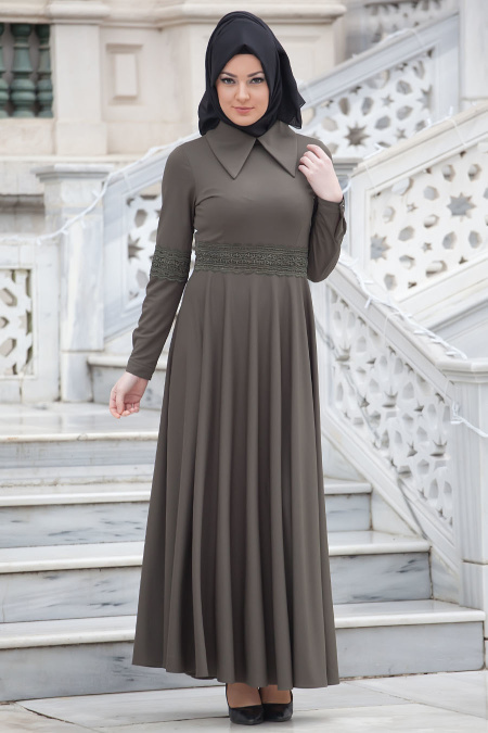 Neva Style - Sivri Yaka Haki Elbise