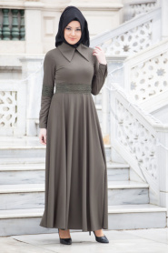 Neva Style - Sivri Yaka Haki Elbise - Thumbnail