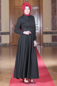 Neva Style - Sivri Yaka Siyah Elbise - Thumbnail