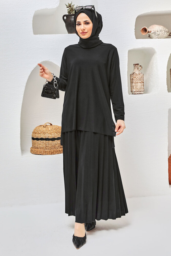 Neva Style - Siyah Etekli Tesettür Takım 41258S - 2