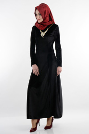 Neva Style - Siyah Kadife Elbise - Thumbnail