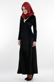 Neva Style - Siyah Kadife Elbise - Thumbnail