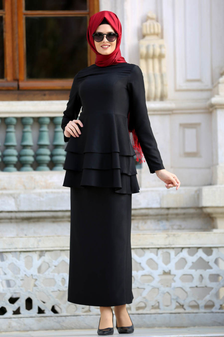 Neva Style - Siyah Peplum Bluz / Etek Tesettür Takım 42050S