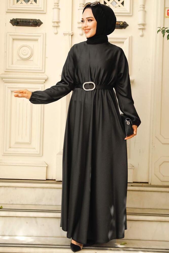 Neva Style - Siyah Saten Tesettür Elbise 5727S - 2