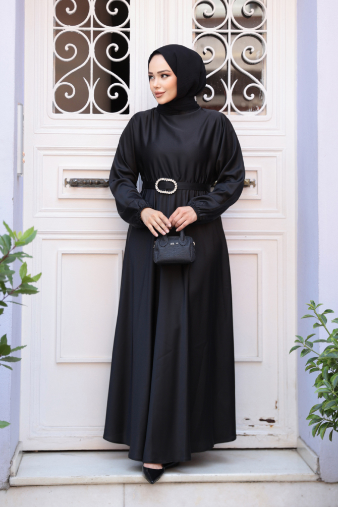 Neva Style - Siyah Saten Tesettür Elbise 5727S - 2