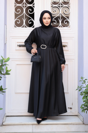 Neva Style - Siyah Saten Tesettür Elbise 5727S - 3