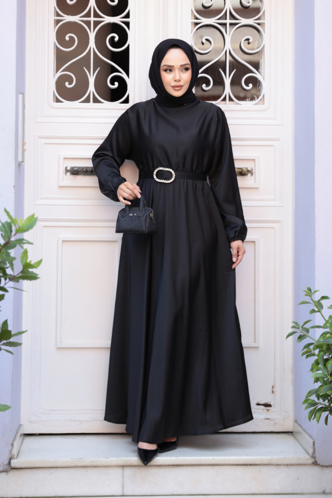 Neva Style - Siyah Saten Tesettür Elbise 5727S - 3
