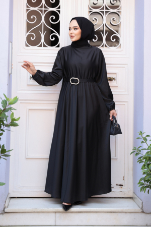 Neva Style - Siyah Saten Tesettür Elbise 5727S - 1