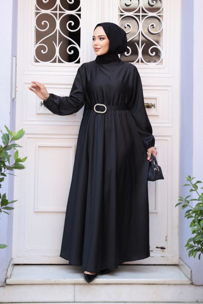 Neva Style - Siyah Saten Tesettür Elbise 5727S - 1