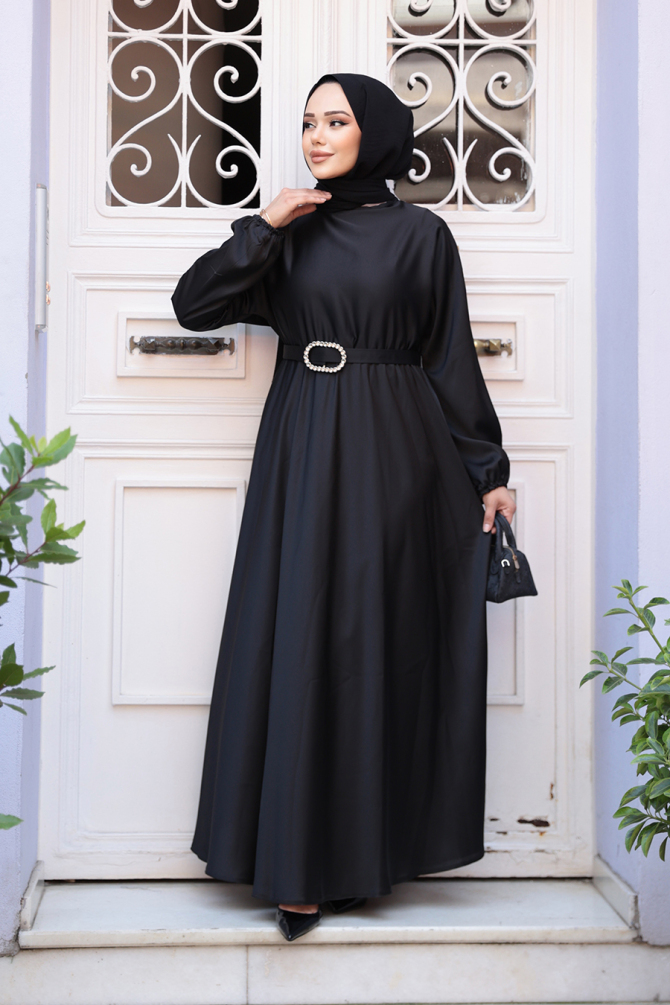 Neva Style - Siyah Saten Tesettür Elbise 5727S - 5