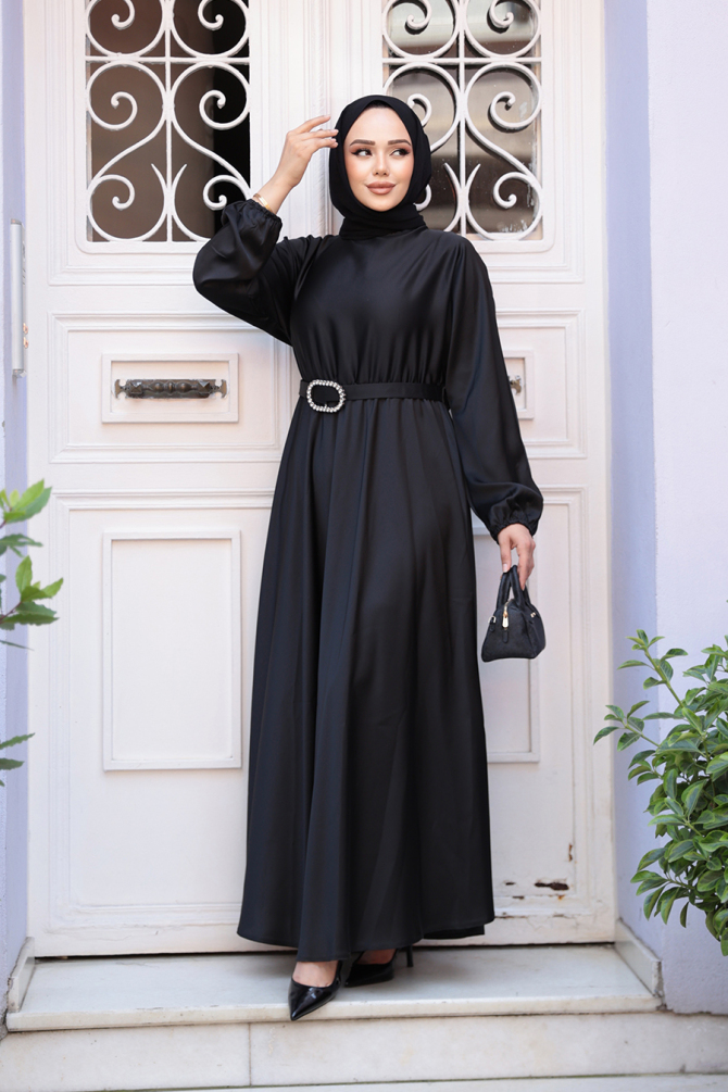 Neva Style - Siyah Saten Tesettür Elbise 5727S - 6