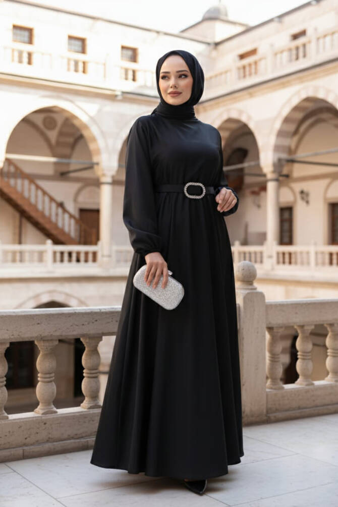  Siyah Saten Tesettür Elbise 5727S - NEVA STYLE