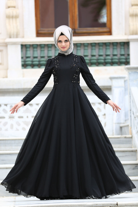 Neva Style - Siyah Tesettür Abiye Elbise 3592S