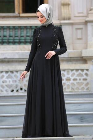 Neva Style - Siyah Tesettür Abiye Elbise 3592S - 2