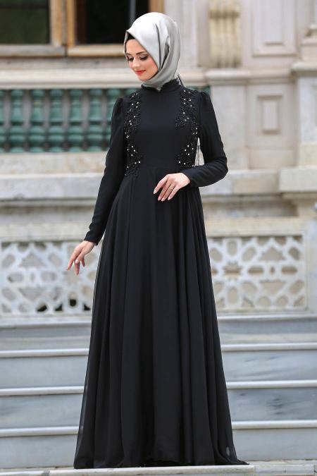 Neva Style - Siyah Tesettür Abiye Elbise 3592S - 2