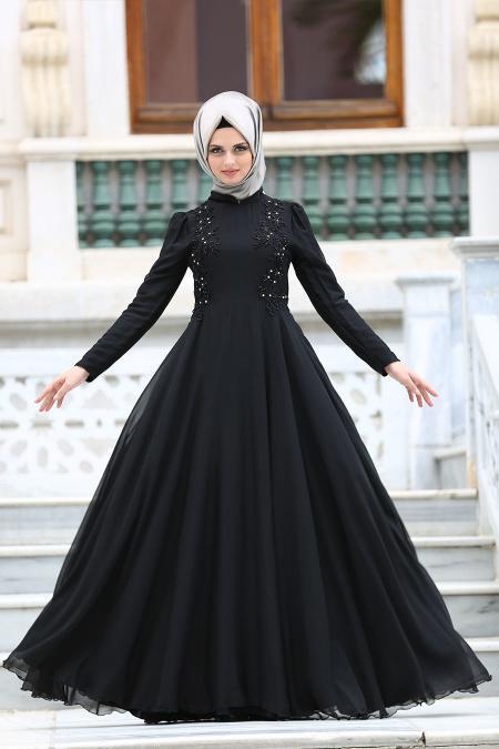Neva Style - Siyah Tesettür Abiye Elbise 3592S - 1